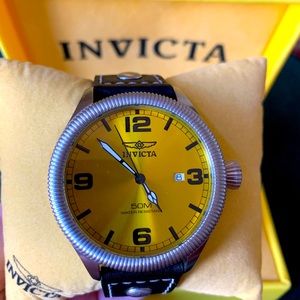 Invicta Yellow Dial Black Leather Watch